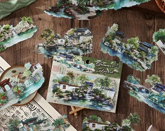 10 PET stickers. Ancient. Traditional. Japanese. Asian. Japanese. Pavillion. Pagoda. Villas.