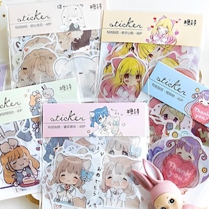 40 washi paper stickers. 5 designs. Anime, manga girl.
