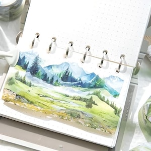 Gestanst, PET-tape. Aquarel. Landschap. Platteland. Bergen. Velden. Herfst. Winter. Bos