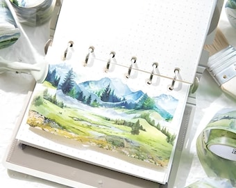 Fita PET recortada. Aquarela. Paisagem. Campo. Montanhas. Campos. Outono. Inverno. Floresta.