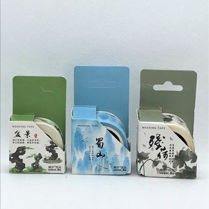 1pcs, Japanese, watercolor, paintings, washi tape. Bonsai. Lotus pond. Mountains and birds
