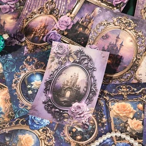 30 mat, decoratief papier. Ingelijste illustraties. Retro. Fantasie. Halloween. Scrapbooken. Sprookje. Pauw. Feeëndeur. Bosdieren.