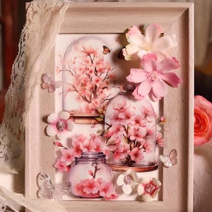 16, autocollants mats en PET. Cloche en verre. Terrarium. Monde miniature. Sakura. Fleurs de cerisier. Fleurs. Oiseaux. Glycine. Marguerite. Papillon