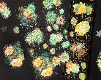3 sheets, uncut, gold foil, fireworks stickers. PET. Celebration. Holiday. Festivities. PArty