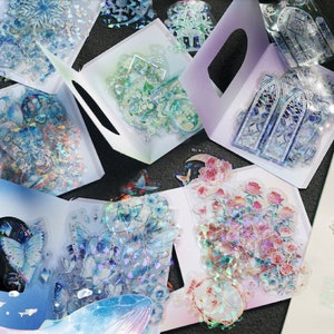 10, laser foil, faceted, PET stickers. Winter. snowflakes. Jellyfish. Roses. Windows. Lily of the valley