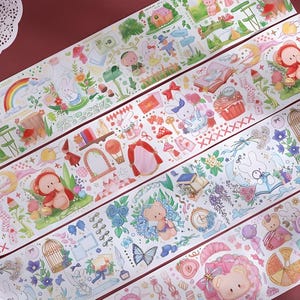 1 roll, EXTRA WIDE, gold foiled, kawaii, cartoon, illustration, fairytale, forest bear, washi tape