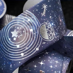 Fita Washi. Papel alumínio. Espaço. Planetas. Lua. Astronauta. Saturno. Universo