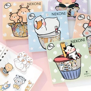 1 envelop, kawaii, cartoon, dierenstickers. Eend, giraf, koala, wasbeer
