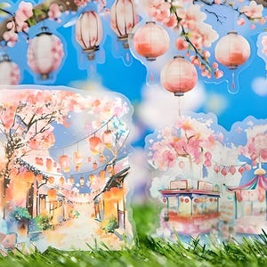 20 autocollants en PET. Le printemps au Japon. Sakura. Fleur de cerisier. Parcs. Fuji. Pagode. Fêtes.