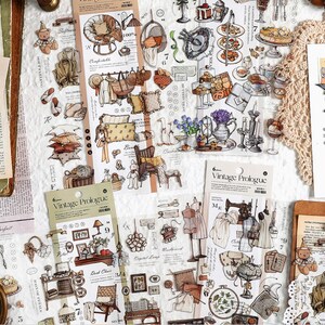 6 sheets, uncut, PET stickers. Retro. Vintage. Drawings. Furniture. Cakes. Afternoon tea. Tailor.