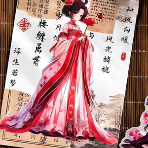 6 autocollants brillants, tenues traditionnelles, fantaisie, chinois, anime girl. Papillon. Lotus. Manga