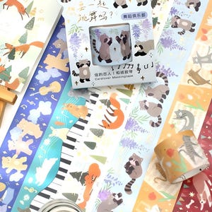 Gold foil, cartoon, animals and musical notes. Washi tape. Music, raccoon, cats, red fox, bunnies, pianoforte