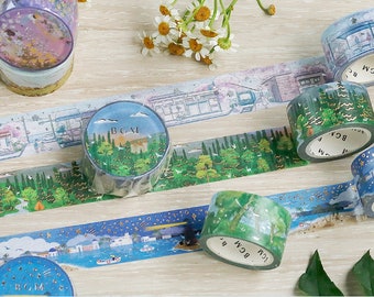 BGM. "Little Special World" series. Foil. Japanese washi tape. Lighthouse, fireflies garden, Cherry blossom city street. Castle. Shinkansen