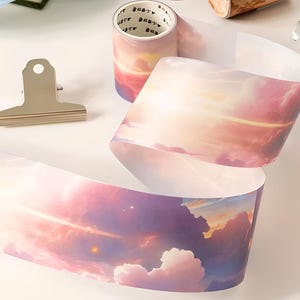 Lucht, wolken, zonsondergang, washi-tape. Maan. sterren. Zon. Vogels. Horizontaal. Landschap. Briefpapier.