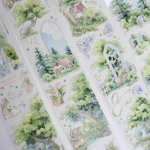 3 styles. Strawberries love. Cartoon, kawaii rabbit vacation. Forest rabbits. PET tape. Stickers.
