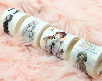 1 roll, DIY, PET, washi tape. Anime, manga girl. Cat. Release paper. Journal. Scrapbooking.