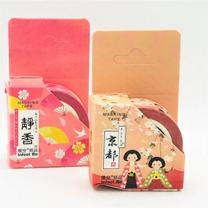 Gueixa japonesa. Flor de cerejeira. Sakura. Leque dobrável. Fita Washi, fita adesiva