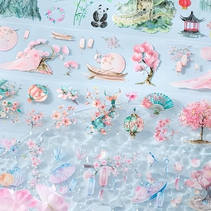 Voorgesneden, PET, stickers op rol. Japans, Aziatisch thema. Fuji. Panda. Torii-poort. Sakura. Koi vissen.