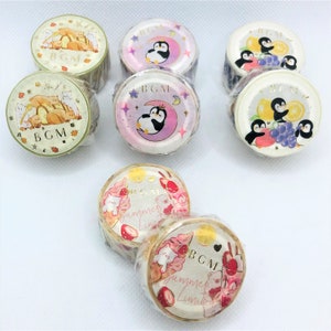 1 roll, BGM, Japanese washi tape, gold foil. Cartoon animals. Honey bear. Fruit penguin. Star penguin. Sweets cats.