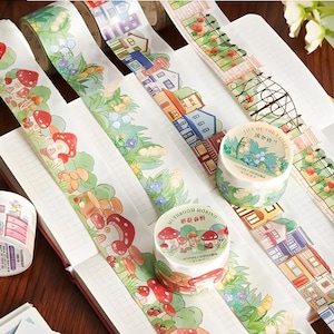 Cartoon, kawaii, gestanst, golvende rand, washi-tape. Rozenpoort. Slaapkamer. Gebouwen, winkels. Paddenstoelendorp