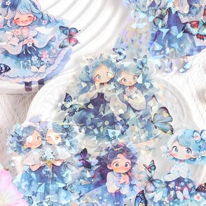 6 人の大きな幸せな女の子のステッカー。ペット。ファセット。アニメ。漫画。友達。蝶。友情