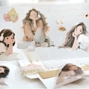 6 つのデザイン。PET テープ。アニメ。漫画。日本の女の子。ファッション。ライフスタイル。ステッカー。プランナー。