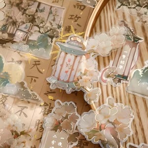 30 bladgoud, PET-stickers. Japans. Sakura. Bloemen. Lotusbloem. Waterlelie. Bergen. Vogels.