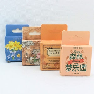 1 box, 46 plastic, deco stickers. Daffodil, spring. Parchment, retro letters. Vintage labels. Winter