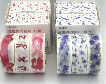 1 set, 3pcs, washi tape. Purple, lavender, rose flower. Red, lipstick, kiss.