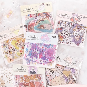 40 washi paper stickers. Anime, manga, blue hair girl stickers. Blonde, little girl. Mood stickers.
