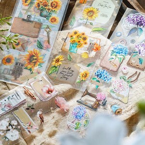 6 sheets, uncut, PET stickers. Flowers. Retro. Labels. Journaling.