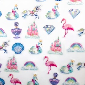 4 diseños. Pegatinas inspiradas en Alicia en el país de las maravillas. Papel metalizado. Papel washi. Circo. Cuento de hadas.