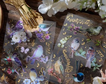 2 sheets, gilded, gold foil, bright, PET stickers. BIRDS. Musical notes. Flowers