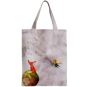 The Little Prince Petite Prince Tote Bag, flock of birds, fox, planet, watercolor
