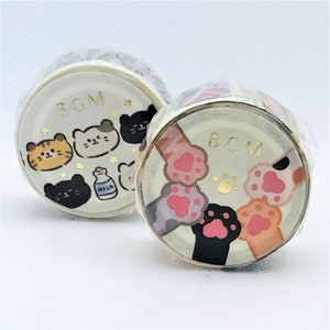 BGM. Gold foil. Cartoon Cat faces. Cat paws. Japanese washi tape, masking tape. Stationery