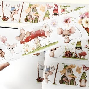 Autocollants PET prédécoupés. Papeterie. Scrapbooking. Jolie souris. Jardin et fleurs. Champignons. Escargots.