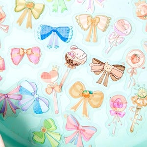 30 stickers kawaii en PET. Kawaii, dessins animés. Baguette magique. Arcs. Oranger. Fraise. Fruits.