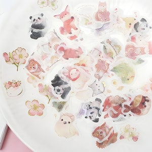 45, kawaii, animaux mignons, autocollants déco. Washi. Panda. Renard roux. Oiseaux. Lapin. Caricature