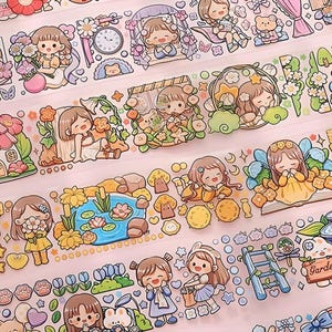 1 roll. PET tape. Kawaii. Cartoon girl. Spring time. Flowers. Rabbit. Outdoors