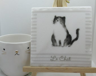 watercolor cat LE CHAT printed on marble trivet pot holder display home decor with easel