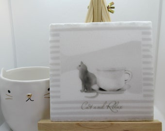 watercolor white and grey cat and cup of tea coffee printed on marble trivet pot holder display home decor with easel