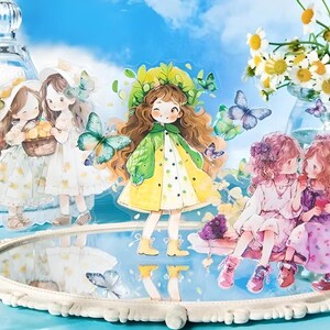 6 adesivos PET. Brilhantes e metalizados. Menina. Desenho animado. Scrapbooking. Agenda. Amigos.