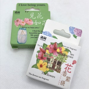 1 Box, 50 Sticker. Blumenvasen mit Phrasen, positive Worte. Japanische Frontläden mit Blumen