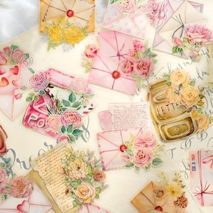 20, adesivos de folha de ouro. Retrô. Cartas. Caligrafia. Flores. Correspondência. Papelaria
