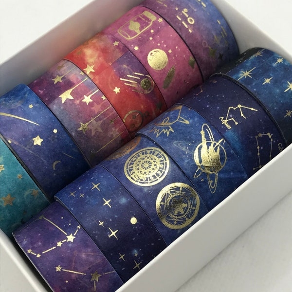 12pcs feuille d’or, galaxie, constellation, zodiaque, étoiles, ciel washi tape, ruban de masquage