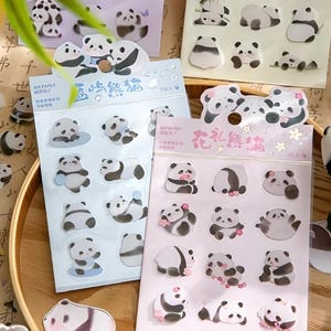 2 folhas, ilustração, kawaii, cartoon, urso panda, adesivos. Bambu. Sakura. Flor de cerejeira