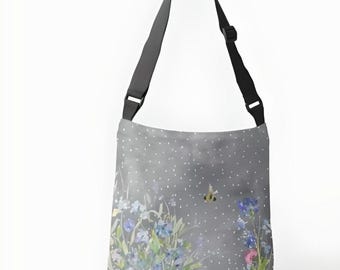 Watercolor, garden plants and flowers, bee and polka dots, crossbody tote bag