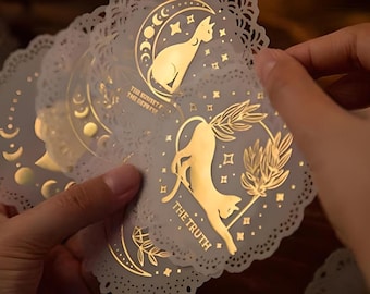 10 translucent paper, material paper sheets. Lace paper. Hollow paper. Gold foil. Cats. Tarot. Moon.