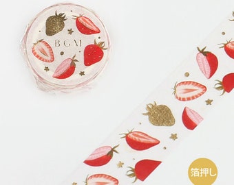 1pcs, BGM, gold foil, summer, washi tape. Green melody. Strawberries. Red flowers field