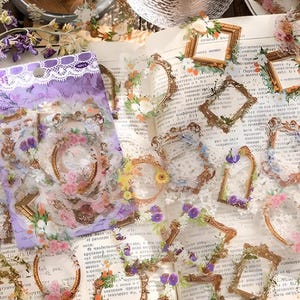 30 PET stickers. Retro. Vintage. Flowers. Frames. Bottles. Clocks. Birdcage. Key